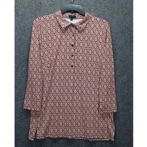 Talbots Women 1X Top 3/4 Sleeve Geometric Print Blouse Collared Stretch